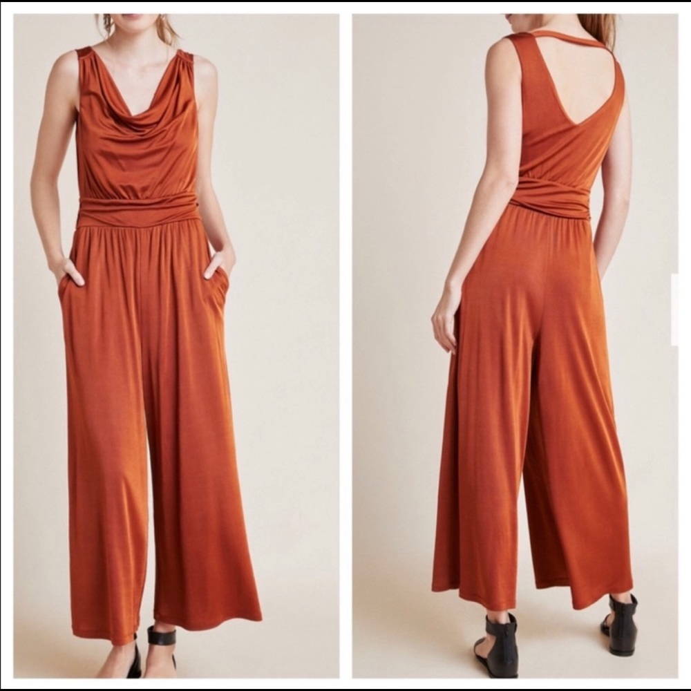 Anthropologie Maeve Burnt Orange Jumpsuit Size S Wide Bottom Legs Pockets
